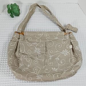 Vintage Mouse Housery Fabric Embossed Shoulder Bag Adjustable Strap Tan/Cream
